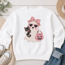 Load image into Gallery viewer, Pink Pearl Ghost Black Cat Halloween design on White crewneck sweatshirt