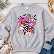 Load image into Gallery viewer, Pink Pumpkin Disco Collage Halloween design on Ash Grey crewneck sweatshirt