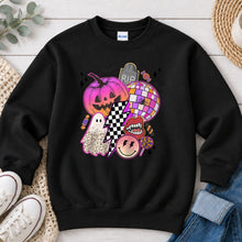 Load image into Gallery viewer, Pink Pumpkin Disco Collage Halloween design on Black crewneck sweatshirt