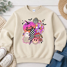 Load image into Gallery viewer, Pink Pumpkin Disco Collage Halloween design on Sand crewneck sweatshirt