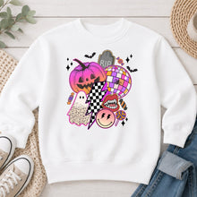 Load image into Gallery viewer, Pink Pumpkin Disco Collage Halloween design on White crewneck sweatshirt