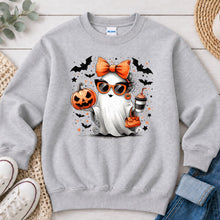 Load image into Gallery viewer, Pumpkin Spice Ghost Sunglasses Halloween design on Ash Grey crewneck sweatshirt