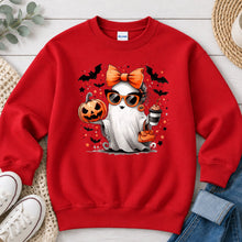 Load image into Gallery viewer, Pumpkin Spice Ghost Sunglasses Halloween design on Red crewneck sweatshirt