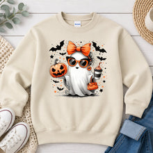 Load image into Gallery viewer, Pumpkin Spice Ghost Sunglasses Halloween design on Sand crewneck sweatshirt