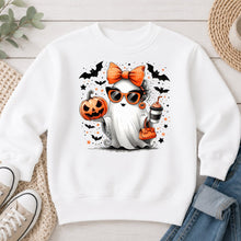 Load image into Gallery viewer, Pumpkin Spice Ghost Sunglasses Halloween design on White crewneck sweatshirt