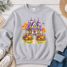 Load image into Gallery viewer, Purple Haunted House Halloween design on Ash Grey crewneck sweatshirt
