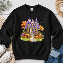 Load image into Gallery viewer, Purple Haunted House Halloween design on Black crewneck sweatshirt