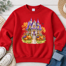Load image into Gallery viewer, Purple Haunted House Halloween design on Red crewneck sweatshirt