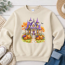 Load image into Gallery viewer, Purple Haunted House Halloween design on Sand crewneck sweatshirt