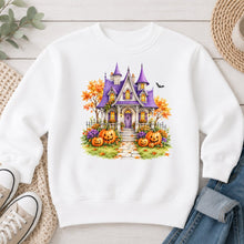 Load image into Gallery viewer, Purple Haunted House Halloween design on White crewneck sweatshirt