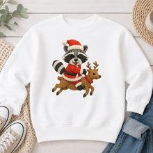 Load image into Gallery viewer, Raccoon Riding Reindeer Christmas design on White crewneck sweatshirt