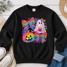 Load image into Gallery viewer, Rainbow Leopard Bows Ghost Pumpkin Halloween design on Black crewneck sweatshirt