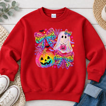 Load image into Gallery viewer, Rainbow Leopard Bows Ghost Pumpkin Halloween design on Red crewneck sweatshirt