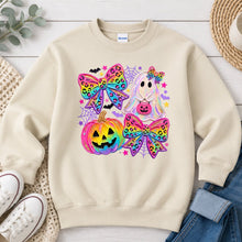 Load image into Gallery viewer, Rainbow Leopard Bows Ghost Pumpkin Halloween design on Sand crewneck sweatshirt