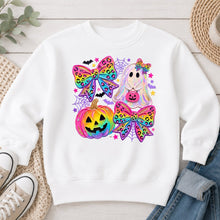 Load image into Gallery viewer, Rainbow Leopard Bows Ghost Pumpkin Halloween design on White crewneck sweatshirt