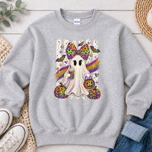 Load image into Gallery viewer, Rainbow Leopard Ghost Bow Halloween design on Ash Grey crewneck sweatshirt