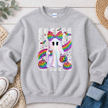 Load image into Gallery viewer, Rainbow Leopard Ghost Bow Large Halloween design on Ash Grey crewneck sweatshirt