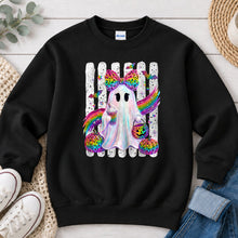 Load image into Gallery viewer, Rainbow Leopard Ghost Bow Large Halloween design on Black crewneck sweatshirt