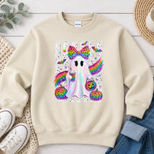 Load image into Gallery viewer, Rainbow Leopard Ghost Bow Large Halloween design on Sand crewneck sweatshirt