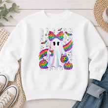 Load image into Gallery viewer, Rainbow Leopard Ghost Bow Large Halloween design on White crewneck sweatshirt