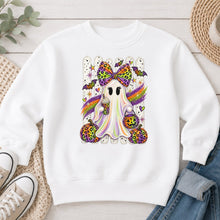 Load image into Gallery viewer, Rainbow Leopard Ghost Bow Halloween design on White crewneck sweatshirt