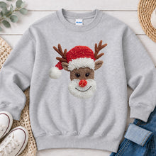 Load image into Gallery viewer, Reindeer Embroidery Christmas design on Ash Grey crewneck sweatshirt