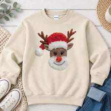 Load image into Gallery viewer, Reindeer Embroidery Christmas design on Sand crewneck sweatshirt