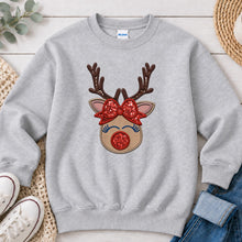 Load image into Gallery viewer, Reindeer Face Girl Red Bow Christmas design on Ash Grey crewneck sweatshirt