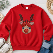 Load image into Gallery viewer, Reindeer Face Girl Red Bow Christmas design on Red crewneck sweatshirt