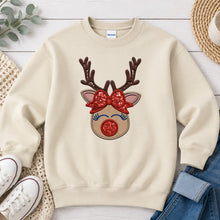 Load image into Gallery viewer, Reindeer Face Girl Red Bow Christmas design on Sand crewneck sweatshirt