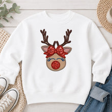 Load image into Gallery viewer, Reindeer Face Girl Red Bow Christmas design on White crewneck sweatshirt