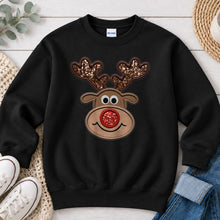 Load image into Gallery viewer, Reindeer Face Sequin Antlers Christmas design on Black crewneck sweatshirt