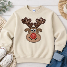 Load image into Gallery viewer, Reindeer Face Sequin Antlers Christmas design on Sand crewneck sweatshirt