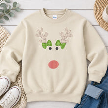 Load image into Gallery viewer, Reindeer Gingham Antlers Green Bow Christmas design on Sand crewneck sweatshirt