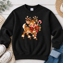 Load image into Gallery viewer, Retro Reindeer Candy Cane Bow Christmas design on Black crewneck sweatshirt