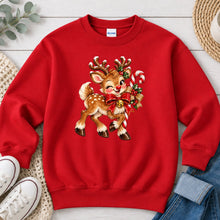 Load image into Gallery viewer, Retro Reindeer Candy Cane Bow Christmas design on Red crewneck sweatshirt