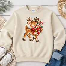 Load image into Gallery viewer, Retro Reindeer Candy Cane Bow Christmas design on Sand crewneck sweatshirt