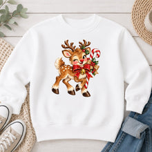 Load image into Gallery viewer, Retro Reindeer Candy Cane Bow Christmas design on White crewneck sweatshirt