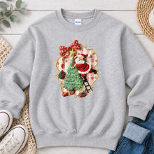 Load image into Gallery viewer, Santa Climbing Tree Embroidery Christmas design on Ash Grey crewneck sweatshirt