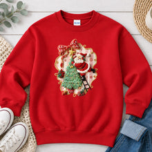 Load image into Gallery viewer, Santa Climbing Tree Embroidery Christmas design on Red crewneck sweatshirt
