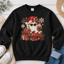 Load image into Gallery viewer, Santa Ghost Sunglasses Christmas design on Black crewneck sweatshirt