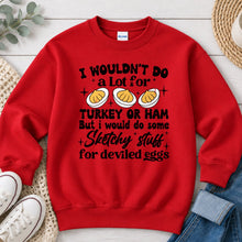 Load image into Gallery viewer, Sketchy Stuff For Deviled Eggs Thanksgiving design on Red crewneck sweatshirt