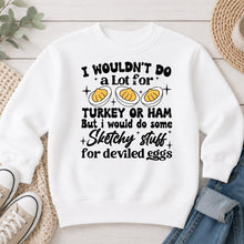 Load image into Gallery viewer, Sketchy Stuff For Deviled Eggs Thanksgiving design on White crewneck sweatshirt