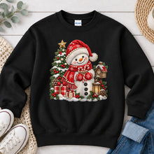 Load image into Gallery viewer, Snowman Red Hat Christmas design on Black crewneck sweatshirt