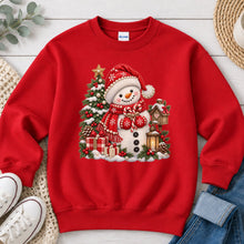 Load image into Gallery viewer, Snowman Red Hat Christmas design on Red crewneck sweatshirt