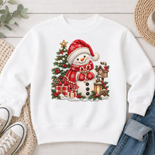 Load image into Gallery viewer, Snowman Red Hat Christmas design on White crewneck sweatshirt