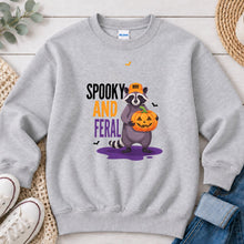 Load image into Gallery viewer, Spooky And Feral Raccoon Halloween design on Ash Grey crewneck sweatshirt