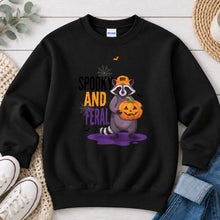 Load image into Gallery viewer, Spooky And Feral Raccoon Halloween design on Black crewneck sweatshirt