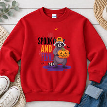 Load image into Gallery viewer, Spooky And Feral Raccoon Halloween design on Red crewneck sweatshirt