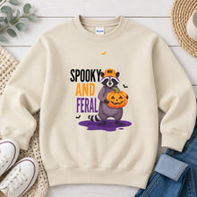 Load image into Gallery viewer, Spooky And Feral Raccoon Halloween design on Sand crewneck sweatshirt